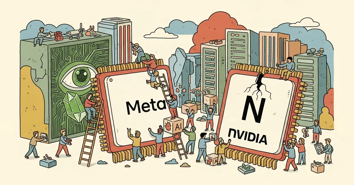 Editorial illustration for: Meta Just Announced 4 AI Chips in One Day — The NVIDIA Monopoly Has an Expiration Date
