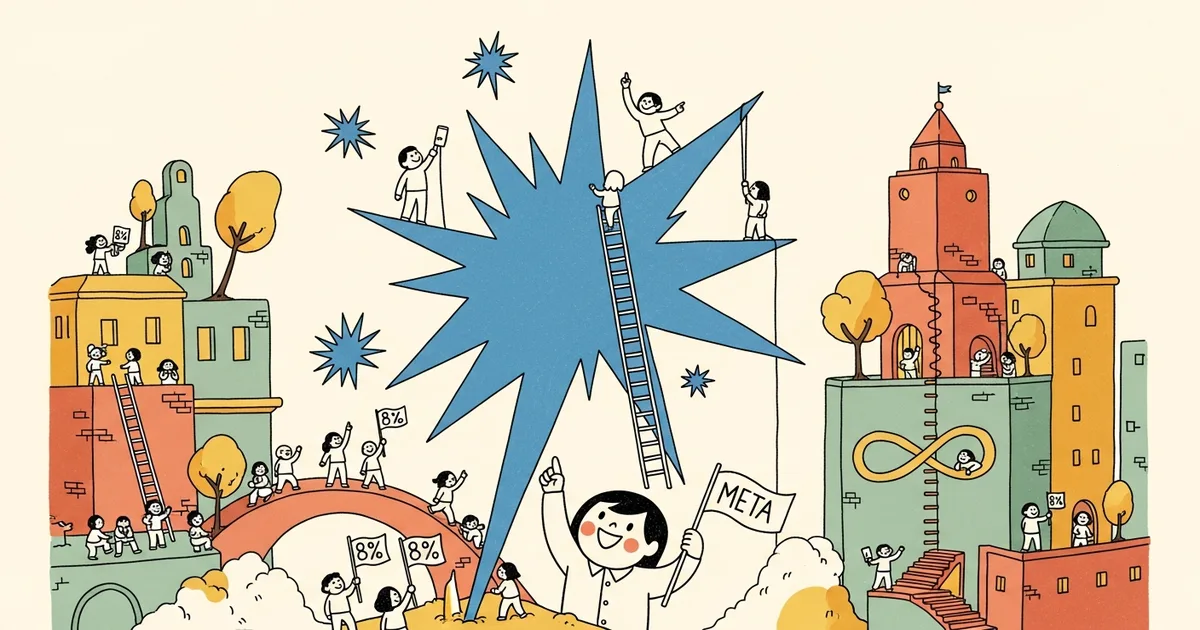 Editorial illustration for: Meta Muse Spark Sends META Stock Up 8% — Wang's First Big Bet