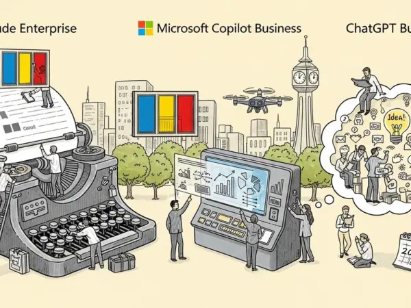Editorial illustration for: Microsoft Copilot Business vs Claude Enterprise vs ChatGPT Business 2026