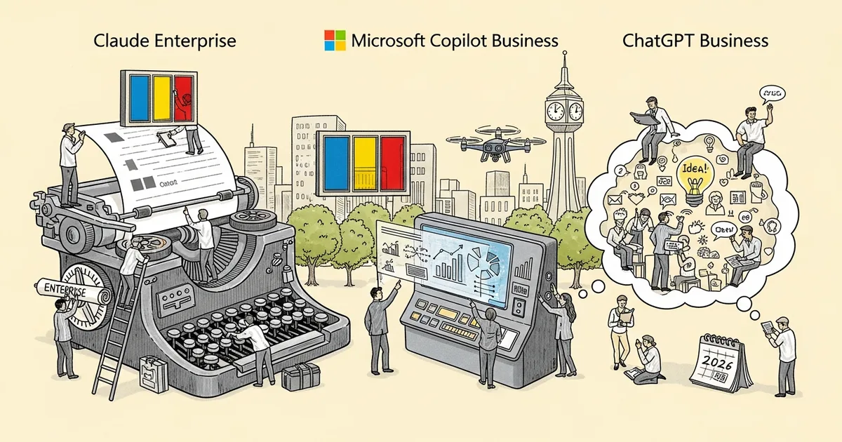 Editorial illustration for: Microsoft Copilot Business vs Claude Enterprise vs ChatGPT Business 2026