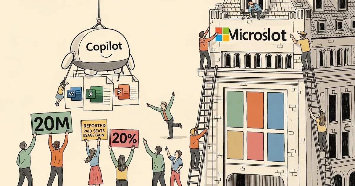 Editorial illustration for: Microsoft Reports 20M Paid M365 Copilot Seats, 20% Quarterly Usage Gain