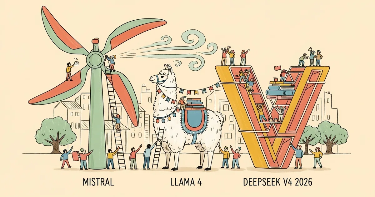 Editorial illustration for: Mistral vs Llama 4 vs DeepSeek V4 2026: The Open-Source Foundation Model Three-Way