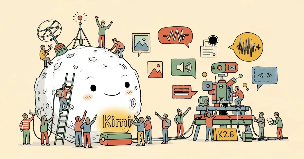 Editorial illustration for: Moonshot AI Open-Sources Kimi K2.6, a Multimodal Agentic MoE Model