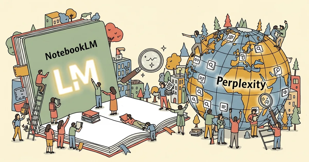 Editorial illustration for: NotebookLM vs Perplexity Deep Research 2026: Which AI Research Tool Is Smarter