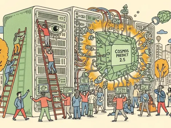 Editorial illustration for: NVIDIA Built a Simulated Universe to Train Robots — Cosmos Predict 2.5 Uses 200 Million Videos [D