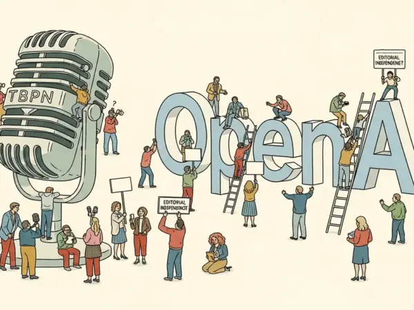 Editorial illustration for: OpenAI Acquires Tech Talk Show TBPN, Raising Questions About Editorial Independence