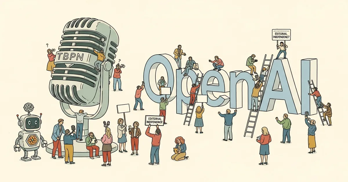 Editorial illustration for: OpenAI Acquires Tech Talk Show TBPN, Raising Questions About Editorial Independence