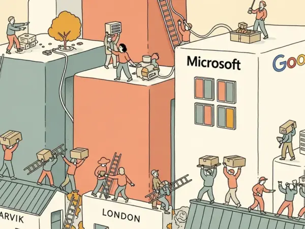 Editorial illustration for: OpenAI Exits Narvik and London Stargate Sites as Microsoft and Google Absorb Nscale Capacity