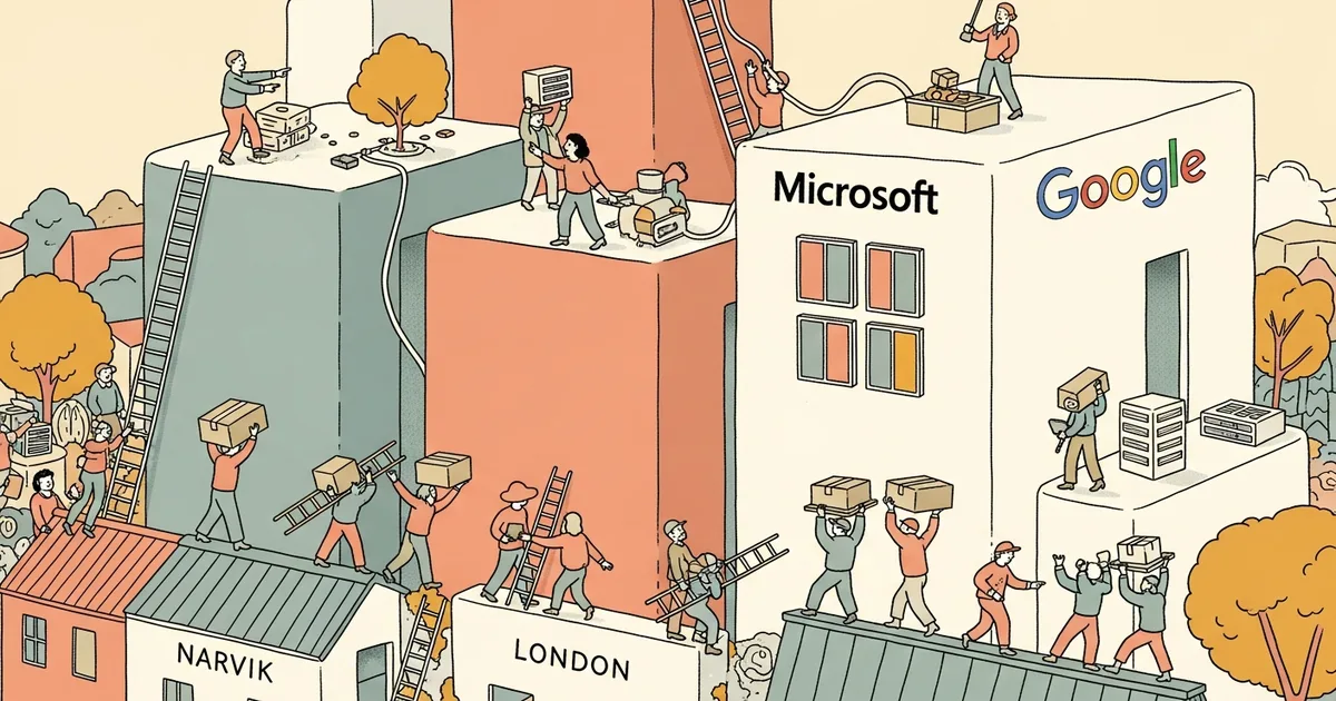 Editorial illustration for: OpenAI Exits Narvik and London Stargate Sites as Microsoft and Google Absorb Nscale Capacity