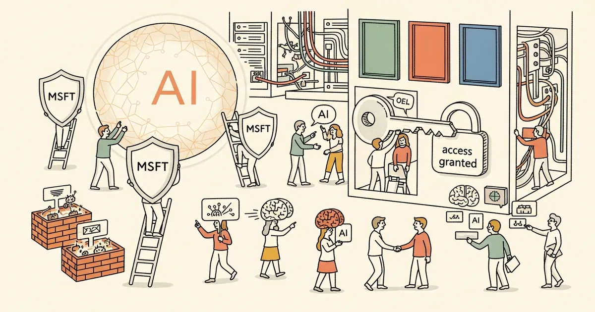 Editorial illustration for: OpenAI Grants Microsoft Priority Access to Top AI Models for Cyber Defense