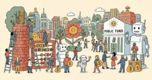 Editorial illustration for: OpenAI Proposes Robot Taxes and Public Wealth Fund to Redistribute AI-Era Gains