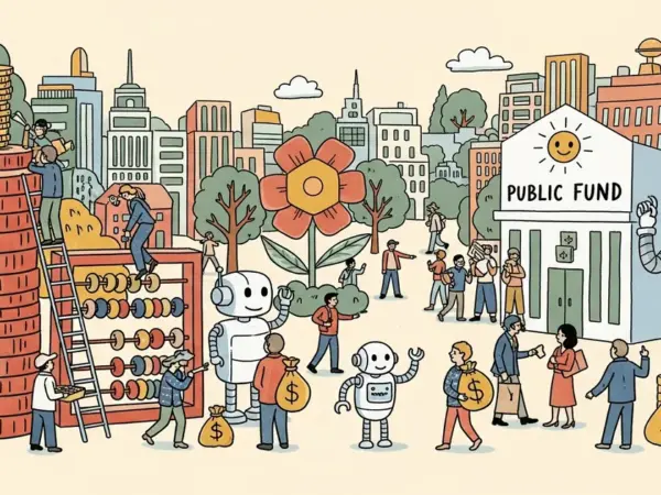 Editorial illustration for: OpenAI Proposes Robot Taxes and Public Wealth Fund to Redistribute AI-Era Gains