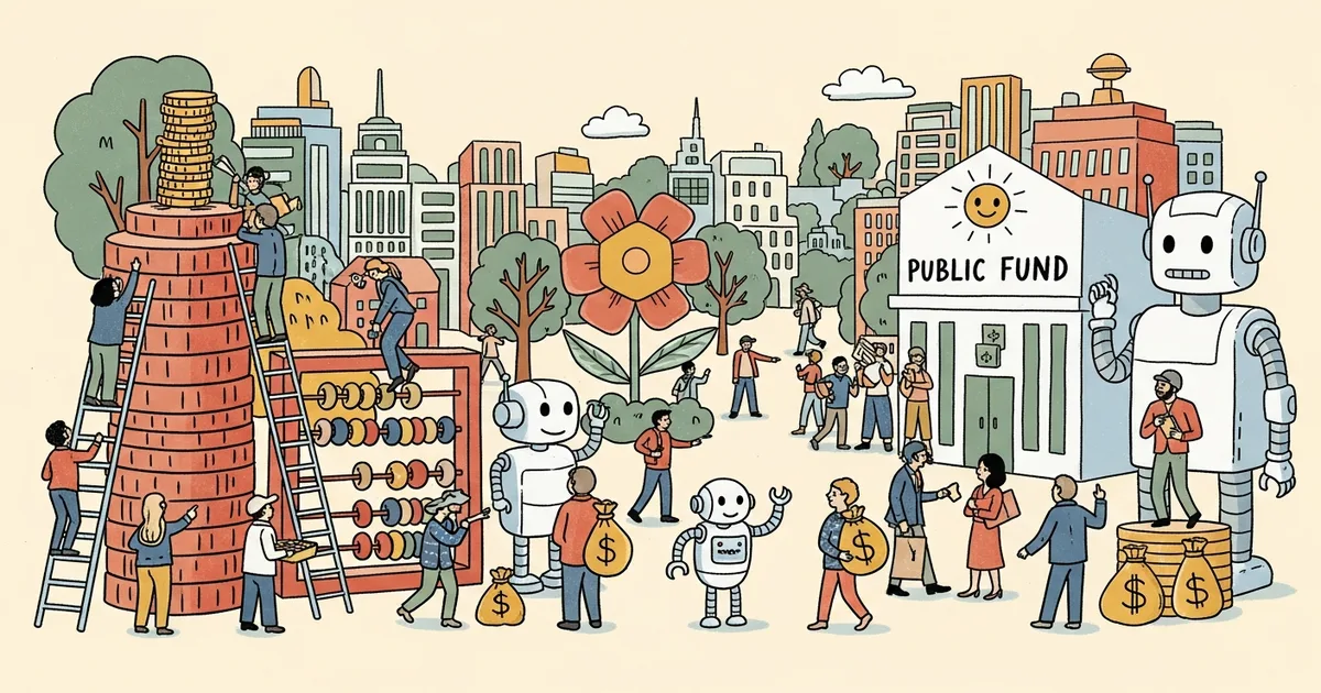 Editorial illustration for: OpenAI Proposes Robot Taxes and Public Wealth Fund to Redistribute AI-Era Gains