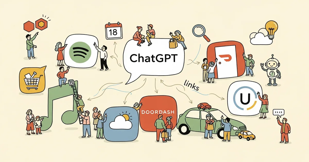 Editorial illustration for: OpenAI's ChatGPT Now Links to 14 Apps Including Spotify, DoorDash, and Uber