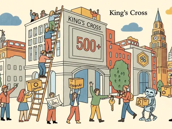 Editorial illustration for: OpenAI Signs 8,200 sq m London Lease at King's Cross, Targeting 500+ Staff