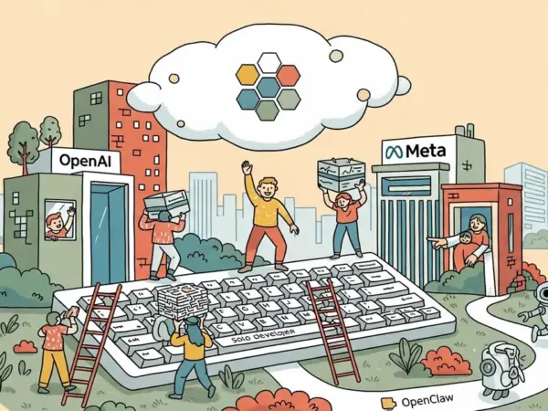 Editorial illustration for: A Solo Developer's Side Project Got Acquired by OpenAI AND Meta — The Wild Story of OpenClaw