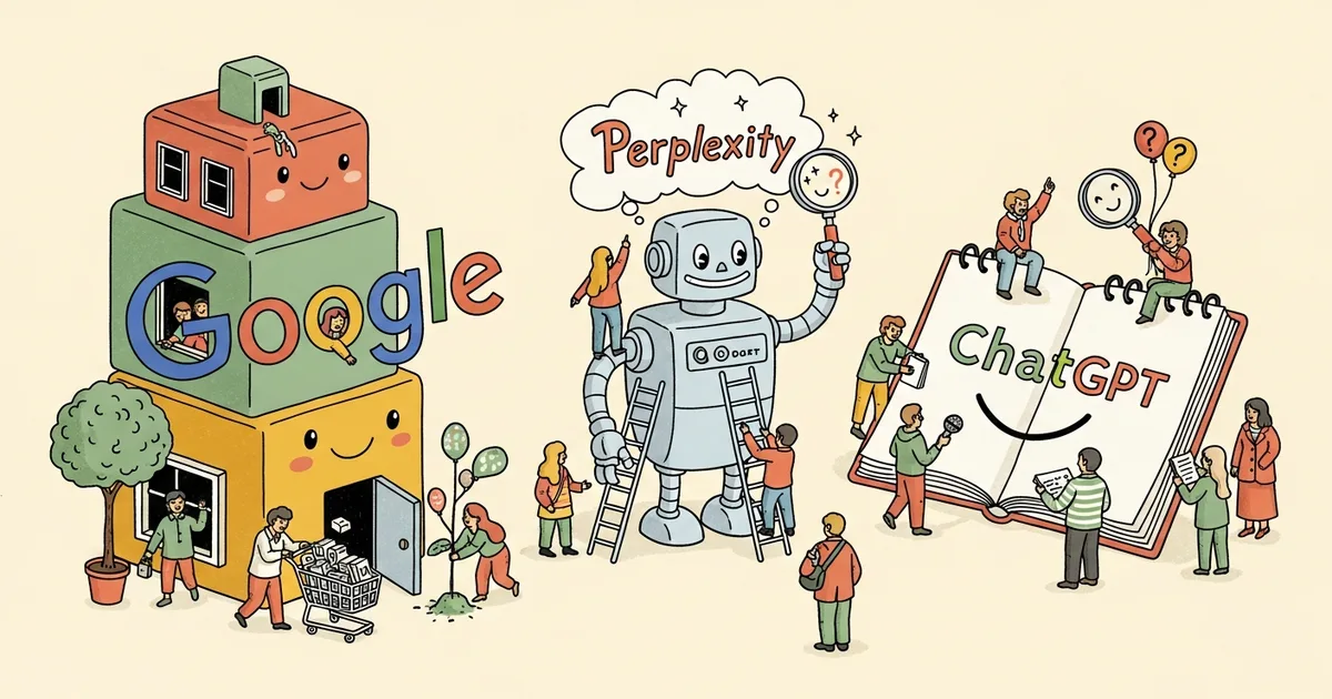 Editorial illustration for: Perplexity vs ChatGPT vs Google AI Mode 2026: Which AI Search Wins