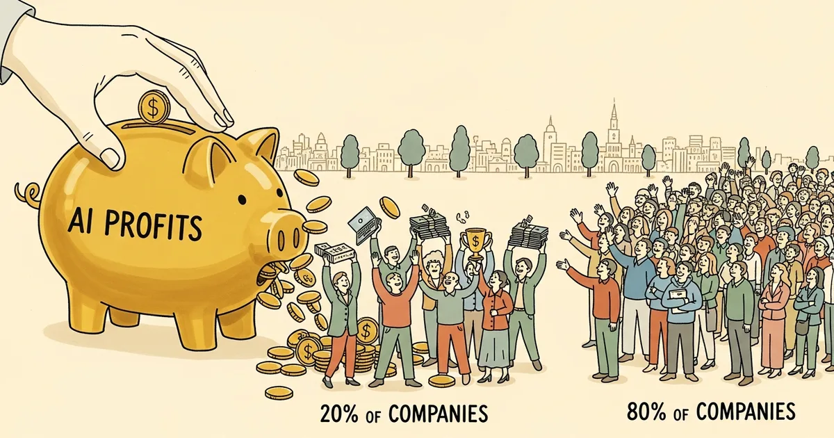 Editorial illustration for: 74% of All AI Profits Go to Just 20% of Companies — PwC Just Killed the 'Level Playing Field' Myt