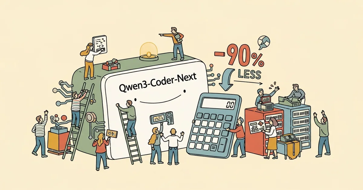 Editorial illustration for: Alibaba's Secret Weapon for AI Coding Costs 90% Less Than GPT-5.4 — Qwen3-Coder-Next Explained