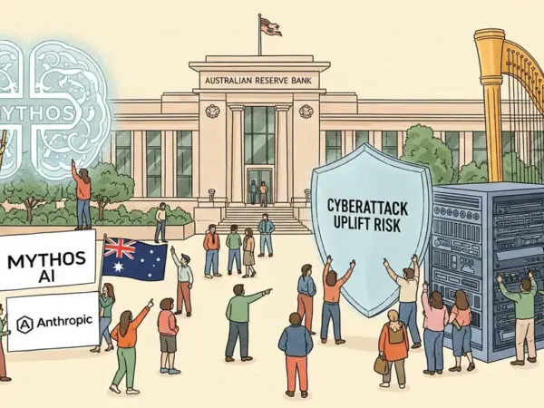 Editorial illustration for: Reserve Bank of Australia Flags Anthropic's Mythos AI for Cyberattack Uplift Risk