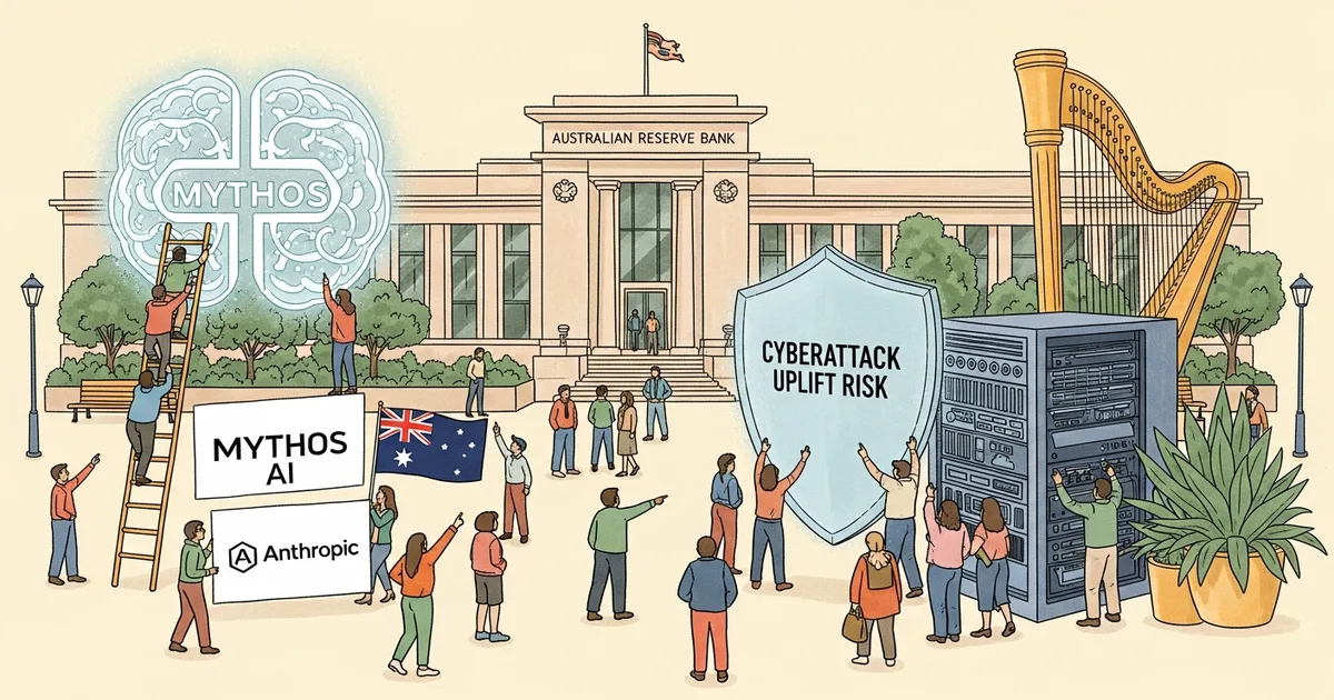 Editorial illustration for: Reserve Bank of Australia Flags Anthropic's Mythos AI for Cyberattack Uplift Risk