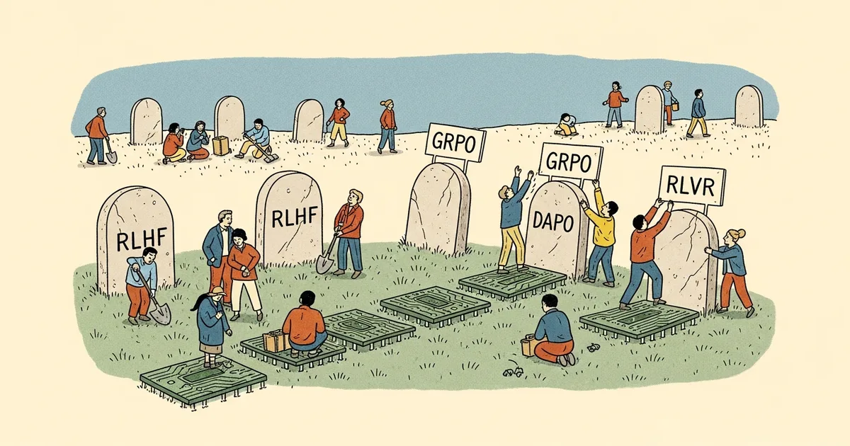 Editorial illustration for: RLHF Is Officially Dead — GRPO, DAPO, and RLVR Took Over AI Training