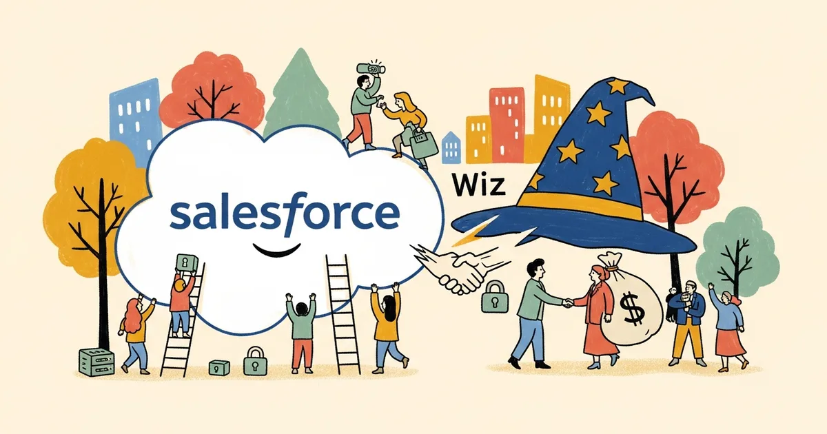 Editorial illustration for: Salesforce Acquires Cloud Security Firm Wiz for $18 Billion