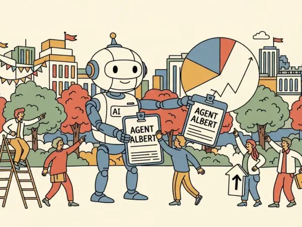 Editorial illustration for: Salesforce Announces 'Agent Albert' Amid 28% Stock Drop on AI Fears