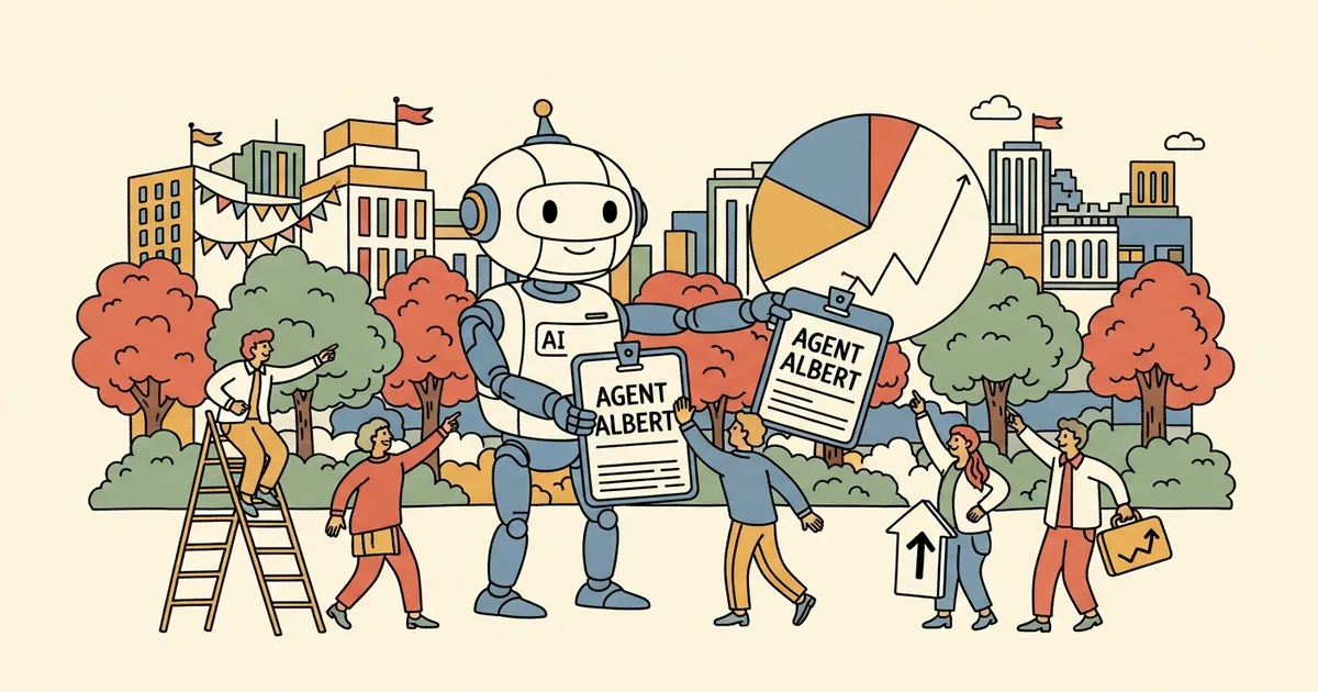 Editorial illustration for: Salesforce Announces 'Agent Albert' Amid 28% Stock Drop on AI Fears