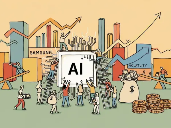 Editorial illustration for: Samsung Posts Eight-Fold Profit Jump as AI Chip Demand Holds in Volatile Markets