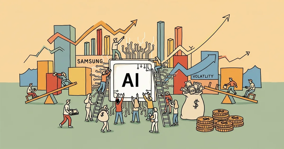 Editorial illustration for: Samsung Posts Eight-Fold Profit Jump as AI Chip Demand Holds in Volatile Markets