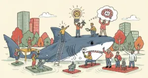 Editorial illustration for: Sanofi Runs a Shark Tank for AI Ideas — Any Employee Can Pitch and Get Corporate Funding [Inside