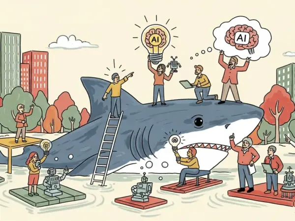 Editorial illustration for: Sanofi Runs a Shark Tank for AI Ideas — Any Employee Can Pitch and Get Corporate Funding [Inside