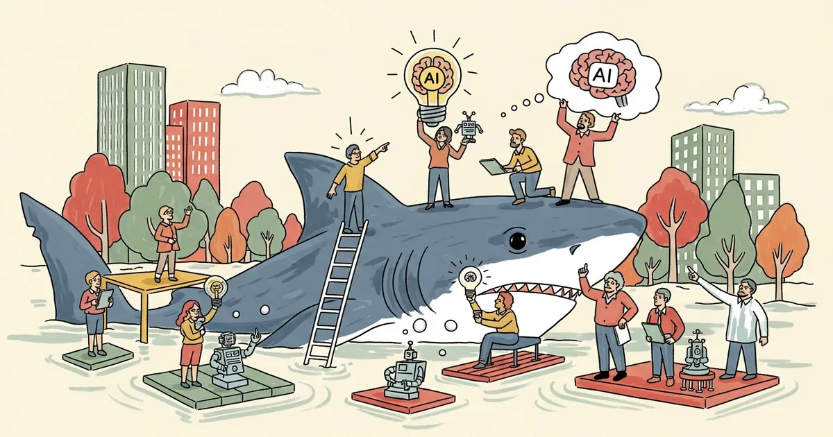 Editorial illustration for: Sanofi Runs a Shark Tank for AI Ideas — Any Employee Can Pitch and Get Corporate Funding [Inside