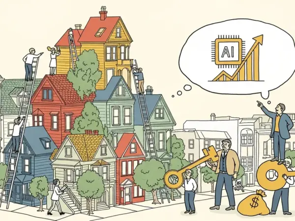 Editorial illustration for: SF Median Home Price Hits Record $2.15M as AI Startup Wealth Rises 18%
