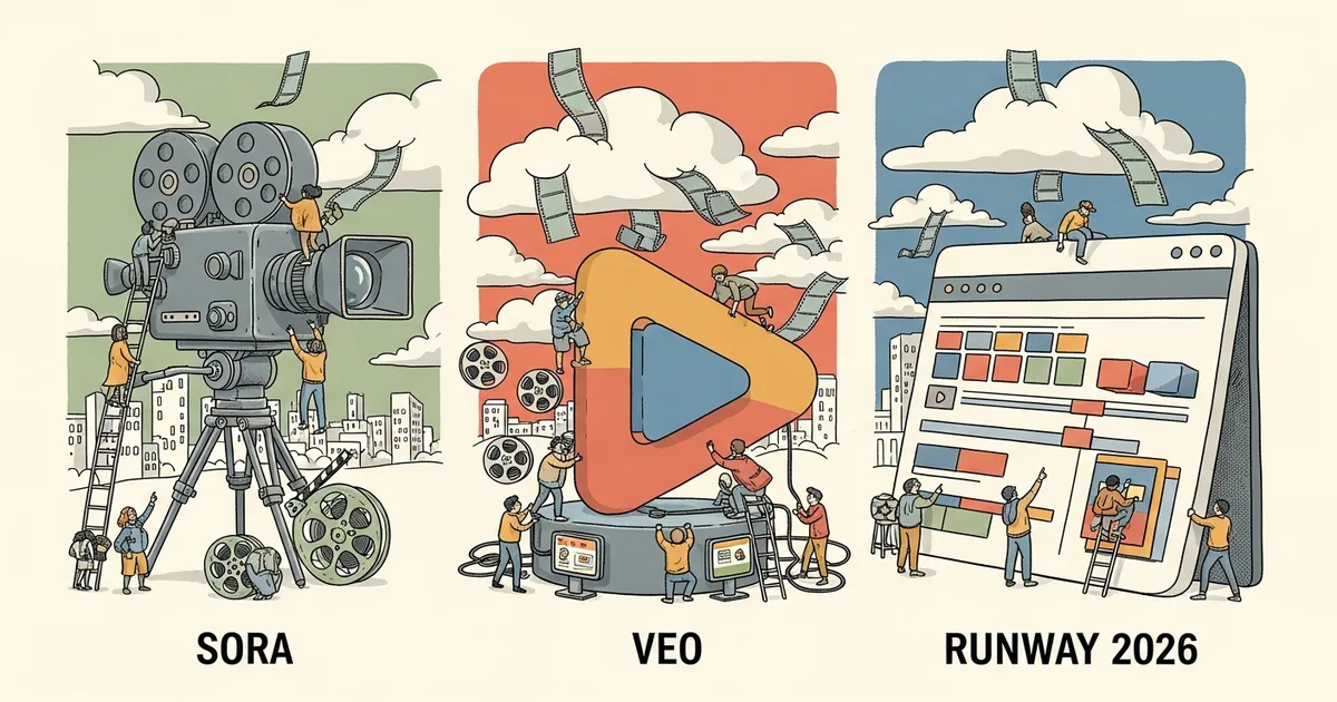 Editorial illustration for: Sora vs Veo vs Runway 2026: AI Video Generation's Big Three Compared
