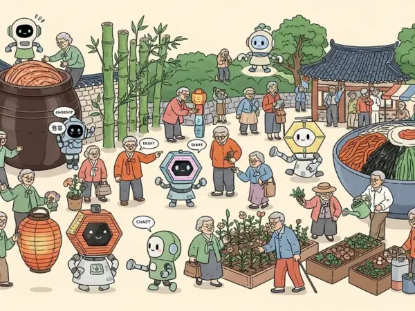 Editorial illustration for: South Korea Is Giving Thousands of Elderly People ChatGPT Robots — 1 in 5 Koreans Is Now Over 65