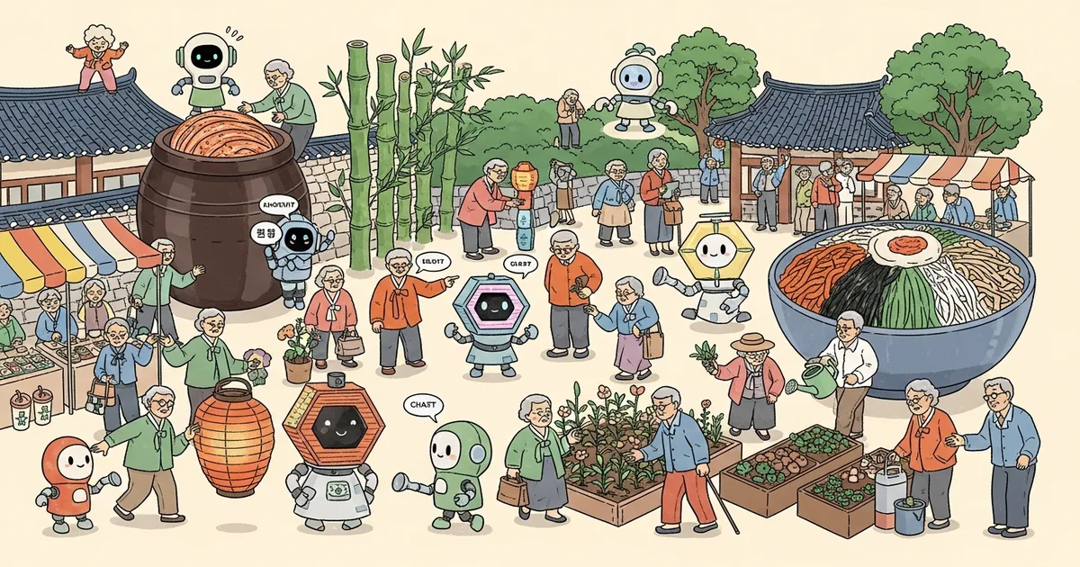Editorial illustration for: South Korea Is Giving Thousands of Elderly People ChatGPT Robots — 1 in 5 Koreans Is Now Over 65