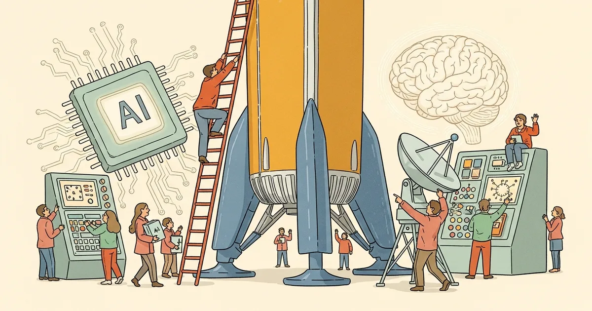 Editorial illustration for: SpaceX Files for $1.75 Trillion IPO — AI Powers Everything from Rocket Landings to Starlink