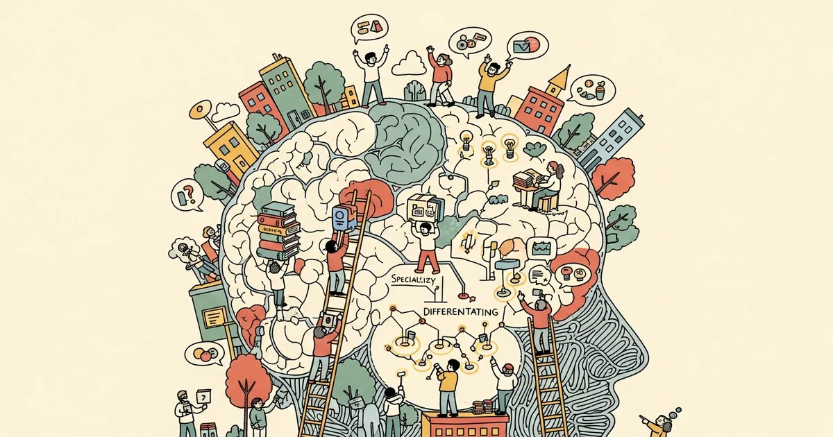 Editorial illustration for: Spontaneous Functional Differentiation in Large Language Models: A Brain-Like Intelligence Econom