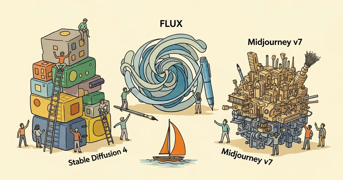Editorial illustration for: Stable Diffusion 4 vs FLUX vs Midjourney v7 2026: The Image Model Face-Off