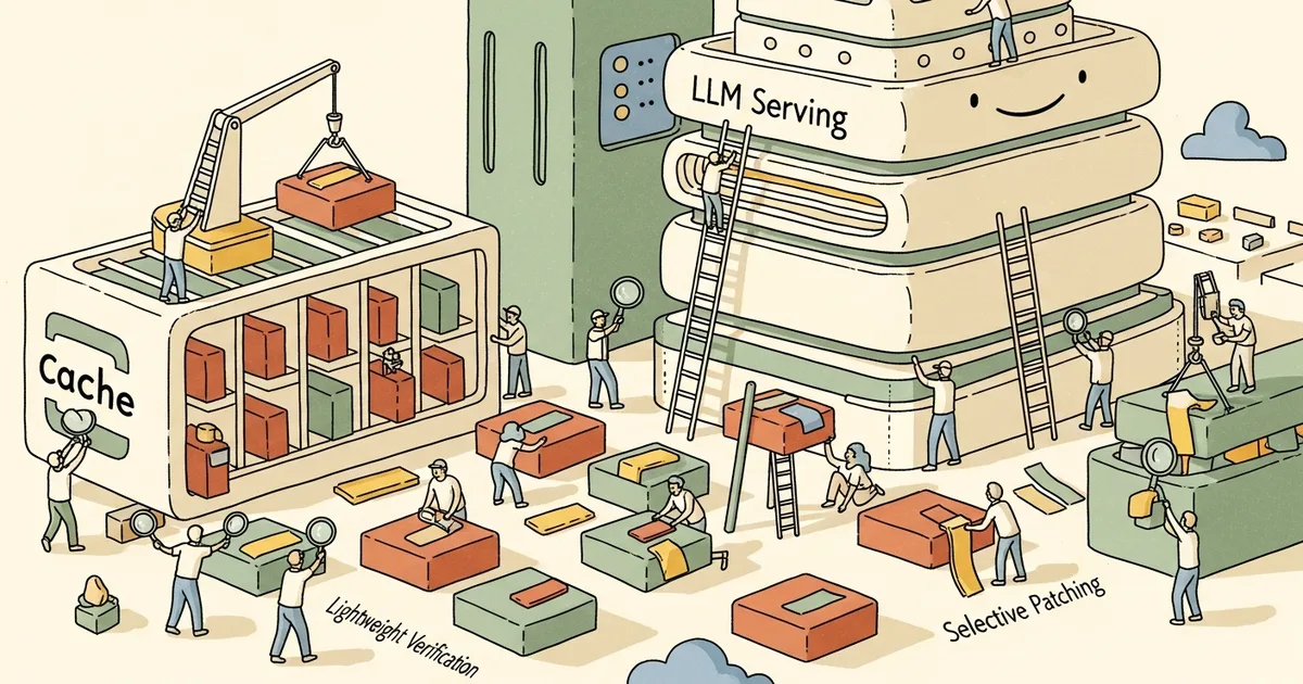 Editorial illustration for: StepCache: Step-Level Reuse with Lightweight Verification and Selective Patching for LLM Serving