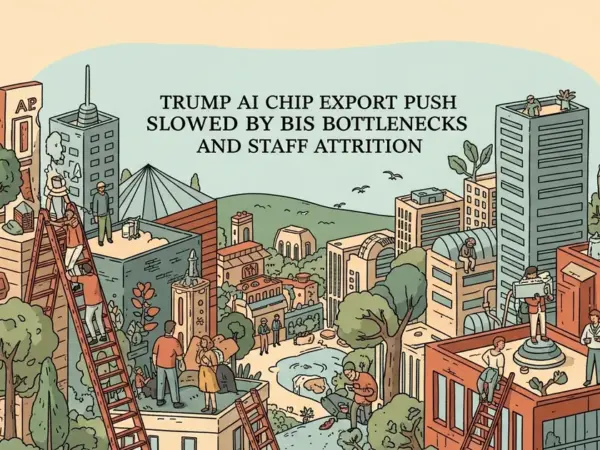Editorial illustration for: Trump AI Chip Export Push Slowed by BIS Bottlenecks and Staff Attrition