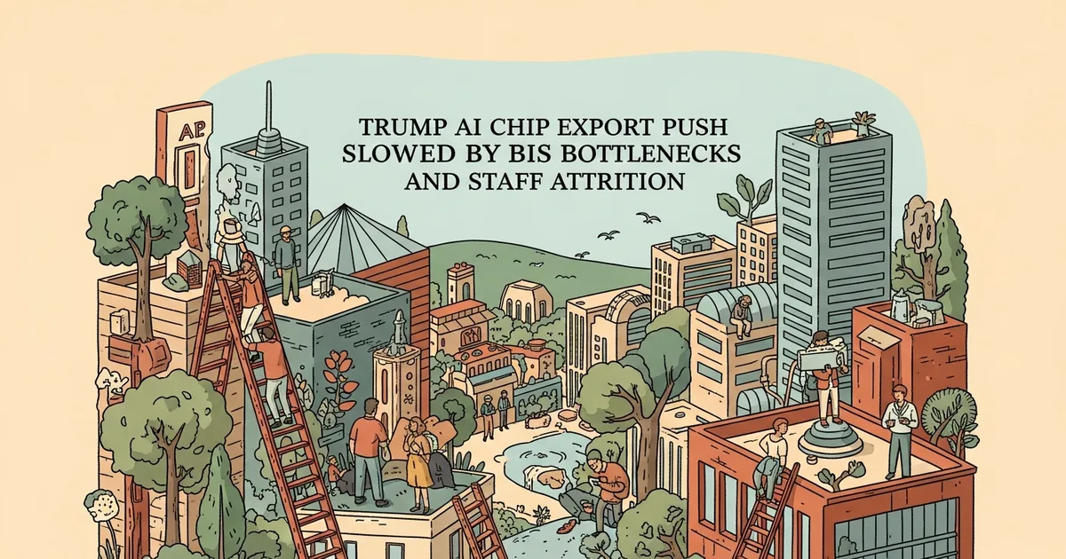 Editorial illustration for: Trump AI Chip Export Push Slowed by BIS Bottlenecks and Staff Attrition