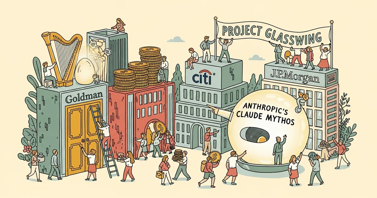 Editorial illustration for: Goldman, Citi, and JPMorgan Are Testing Anthropic's Claude Mythos — Project Glasswing Exposed