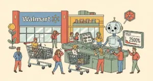 Editorial illustration for: Walmart Tested ChatGPT Shopping and Sales Were 3x Lower — AI Commerce Has a Checkout Problem [Dat