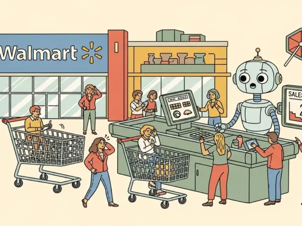 Editorial illustration for: Walmart Tested ChatGPT Shopping and Sales Were 3x Lower — AI Commerce Has a Checkout Problem [Dat