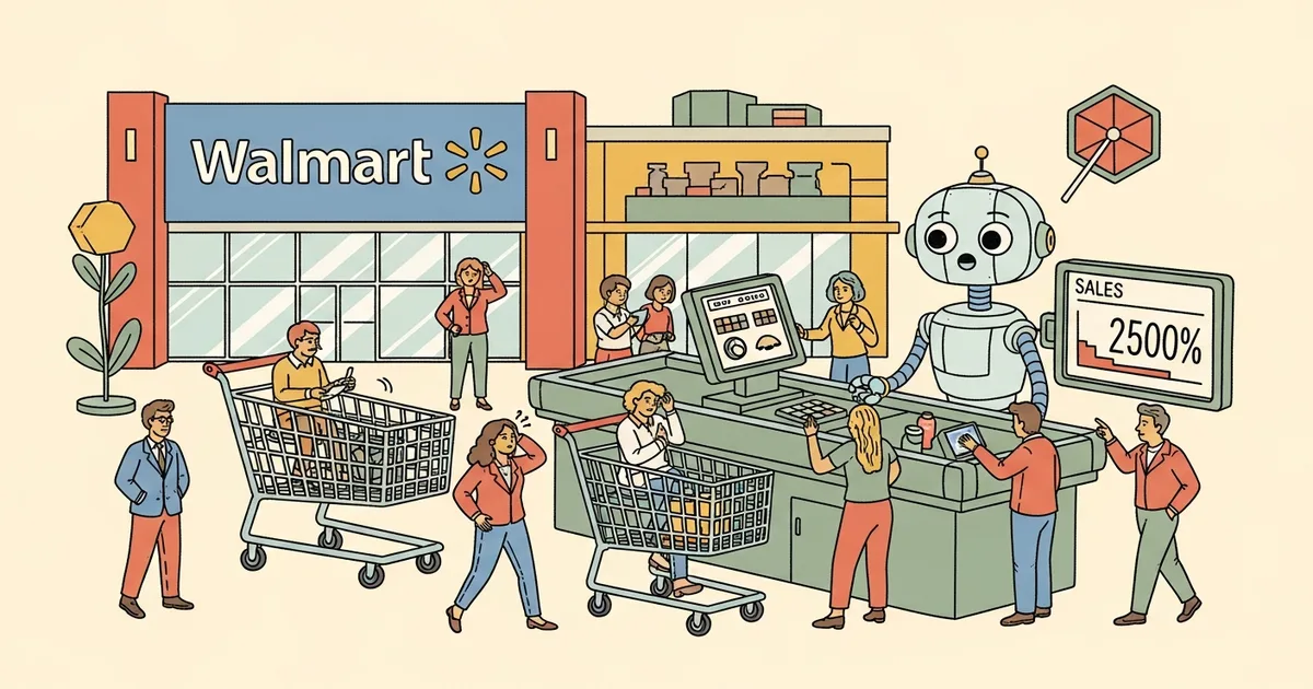 Editorial illustration for: Walmart Tested ChatGPT Shopping and Sales Were 3x Lower — AI Commerce Has a Checkout Problem [Dat