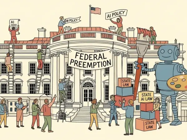 Editorial illustration for: White House AI Legislative Framework Proposes Federal Preemption of State AI Laws
