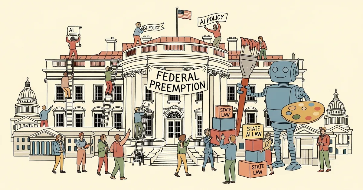 Editorial illustration for: White House AI Legislative Framework Proposes Federal Preemption of State AI Laws